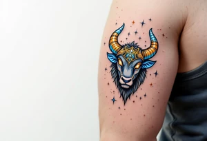 Like a cosmic guardian, Taurus watches with ochre eyes and glowing indigo horns and taurus star constellation anchors the spring sky. tattoo idea