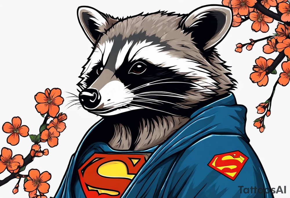raccoon wearing a Superman hoodie with orange Japanese cherry blossoms tattoo idea