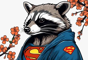 raccoon wearing a Superman hoodie with orange Japanese cherry blossoms tattoo idea