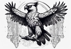 harpy eagle at night with moonlight flying high gothic architecture dark and gloomy atmosphere tattoo idea