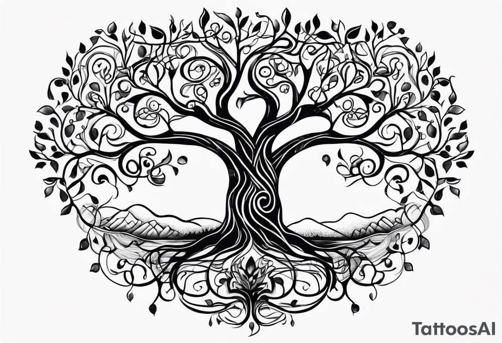 Black and white folk art whimsical tree of life drawing with roots winding all over tattoo idea