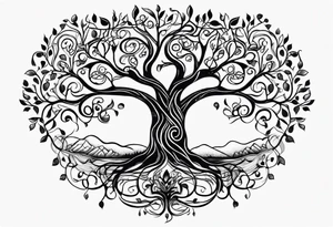 Black and white folk art whimsical tree of life drawing with roots winding all over tattoo idea