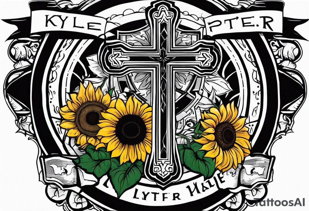 A central cross with the names Kyle Peter Lori on it with lighting a motorcycle and a sunflower around it tattoo idea