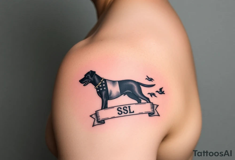 Small forearm Hunting tattoo with upland dog silhouette, Italian flag and American flag, SSL initials inside a banner, with some ducks in sky tattoo idea