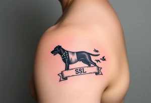 Small forearm Hunting tattoo with upland dog silhouette, Italian flag and American flag, SSL initials inside a banner, with some ducks in sky tattoo idea