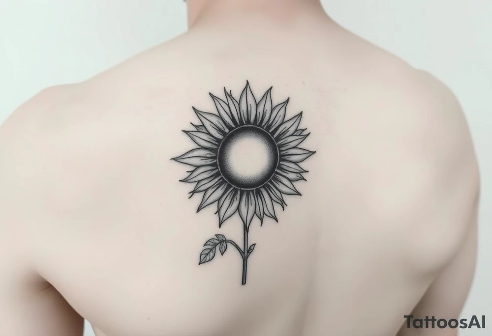 Half Sunflower, half sun tattoo that will "shine" on my bicep with stem, fine line and feminine tattoo idea