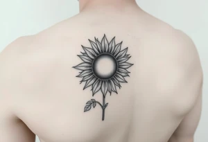Half Sunflower, half sun tattoo that will "shine" on my bicep with stem, fine line and feminine tattoo idea