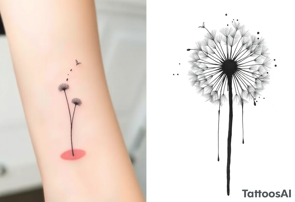 The first image shows a delicate dandelion tattoo on a person’s skin, with seeds blowing away. The tattoo has a fine-line style with subtle shading and a soft pink hue around the base, giving it a watercolor effect. The design is minimalistic and elegant, emphasizing movement as the seeds float away.

The second image is an artistic black-and-white dandelion drawing with an abstract watercolor effect. The dandelion’s seeds are dispersing, and the ink appears to be dripping down, creating a dynamic and fluid look. The shading and splatter effect add depth and texture to the design, making it appear soft yet striking.

Both images capture the symbolic nature of dandelions—representing freedom, transformation, and the passage of time—with different artistic approaches. tattoo idea