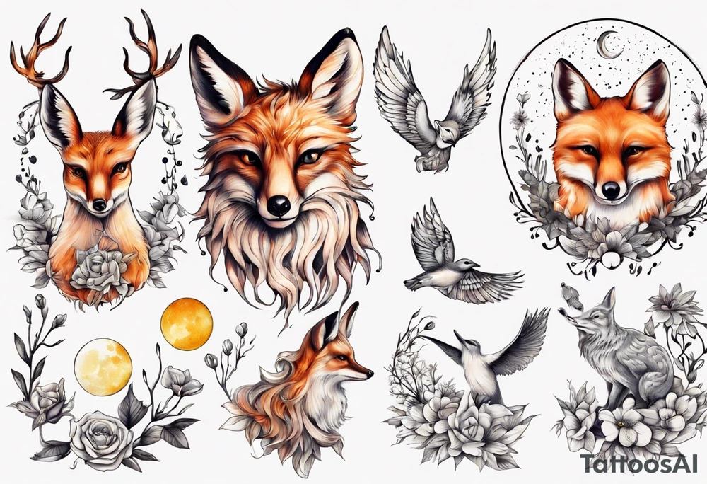 wasser sonne und mond fuchs eule kolibri wald hirsch blume des lebens tattoo idea