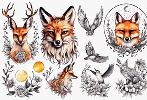 wasser sonne und mond fuchs eule kolibri wald hirsch blume des lebens tattoo idea