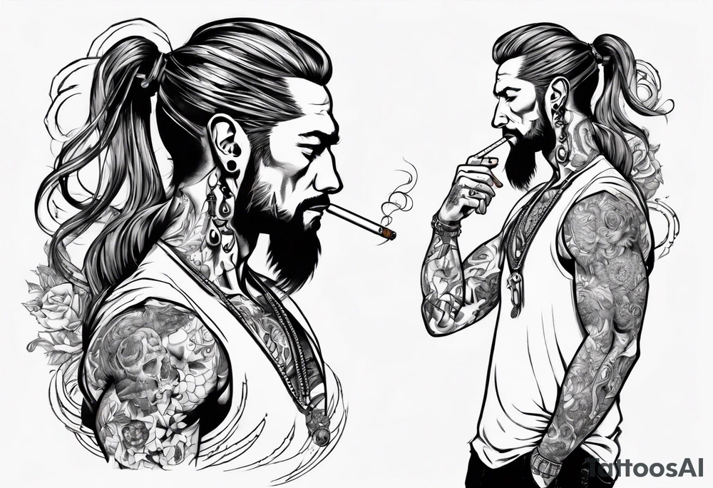 Man standing full-length, with long hair in a ponytail, smoking, earrings in ears, no headgear tattoo idea