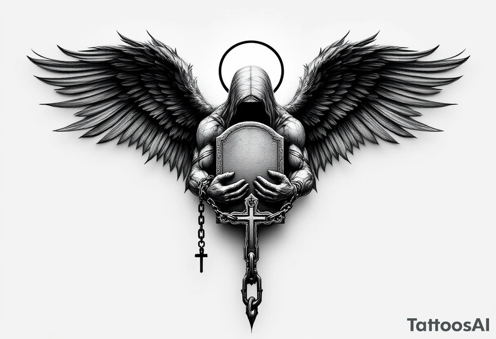 Angel hold headstone in hands with a cross chain hanging down with large wings tattoo idea