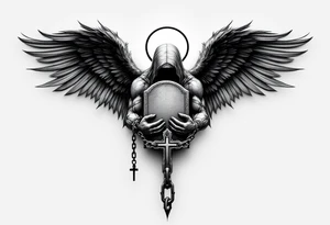 Angel hold headstone in hands with a cross chain hanging down with large wings tattoo idea