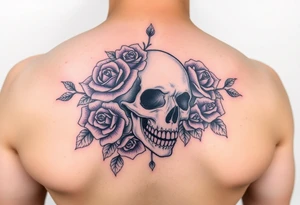 Feminine skull with purple roses tattoo idea