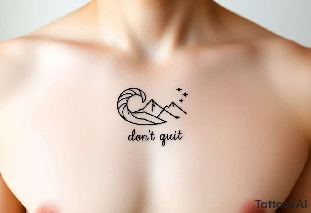 "Create a minimalist black-ink chest tattoo design placed at the center of the chest (over the heart). The tattoo should feature symbolic elements that represent trust, surrender, resilience, and faith in the journey of life. Include a gentle wave forming a spiral (representing letting go and flow), a subtle mountain range (symbolizing grounding and strength), and a small constellation of stars (symbolizing cosmic alignment and trust in the universe). The words 'don’t quit' should be delicately integrated into the design, not loud but intentional. The overall aesthetic should be fine-line, minimal, and poetic — evoking a sense of quiet strength, inner peace, and soulful endurance. Soft natural lighting on light skin." tattoo idea