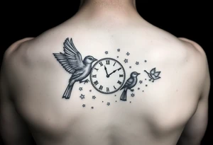 One color and rest black and white incorporating 

 and tiny little black birds and a clock tattoo idea