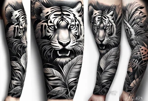 Full arm tattoo sleeve design.  Small abstract tiger coming down front of shoulder, monstera foliage on forearm, beach landscape on bicep tattoo idea