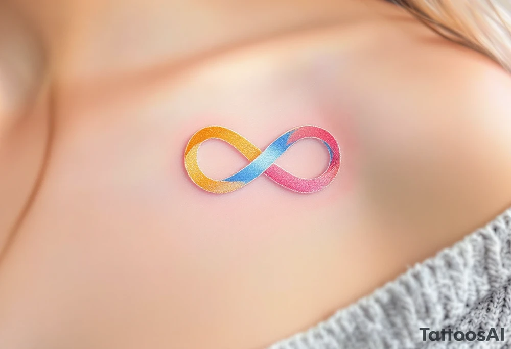 Three ribbons in pastel pink, blue, and golden yellow, each forming an infinity loop of love. tattoo idea