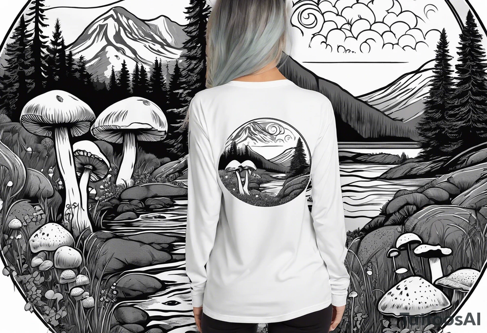Whole picture encircled fully

Straight long blonde hair hippie girl in distance holding mushrooms in hand facing away toward mountains and creek surrounded by mushrooms long sleeve shirt and hiking pants; whole rendering within a full celtic circle, no cut off circle tattoo idea