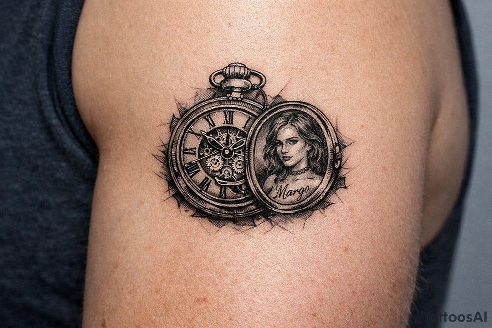 Victorian pocket watch, Margo's portrait inside, intricate brass clockwork mechanism. tattoo idea