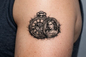 Victorian pocket watch, Margo's portrait inside, intricate brass clockwork mechanism. tattoo idea
