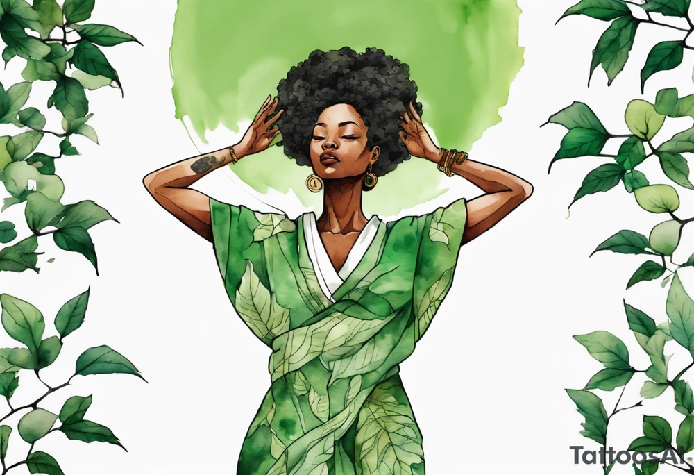 a black woman wearing a green tunic with the lower-half of a tree, her arms raised towards the sun, with tree roots for legs tattoo idea