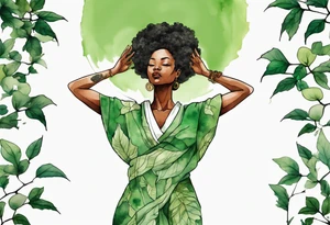 a black woman wearing a green tunic with the lower-half of a tree, her arms raised towards the sun, with tree roots for legs tattoo idea