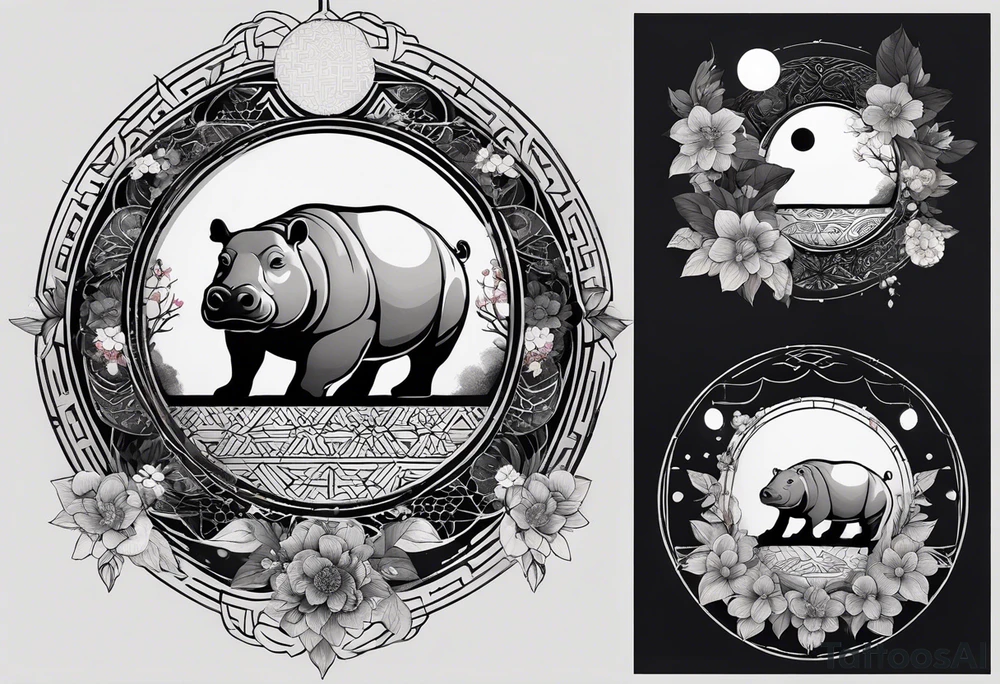 Very asymmetrical, +geometric pattern, with realistic full moon, with serious looking hippo, +zen feel, + Buddhism touch, +tribal, +geometric, +chinese inkart 
with wintersweet flower bud, +portrait orientation, +inkart touch, tattoo idea