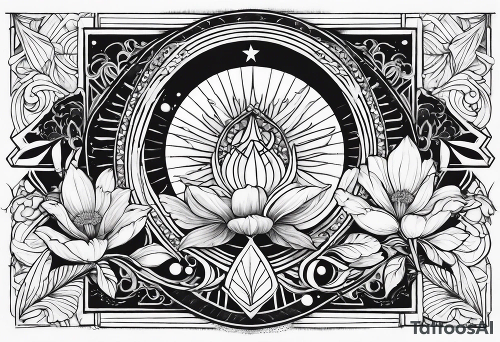 AUM symbol, sparrow, sunrays, staircase, cosmos, iris, daisy tattoo idea