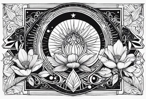 AUM symbol, sparrow, sunrays, staircase, cosmos, iris, daisy tattoo idea
