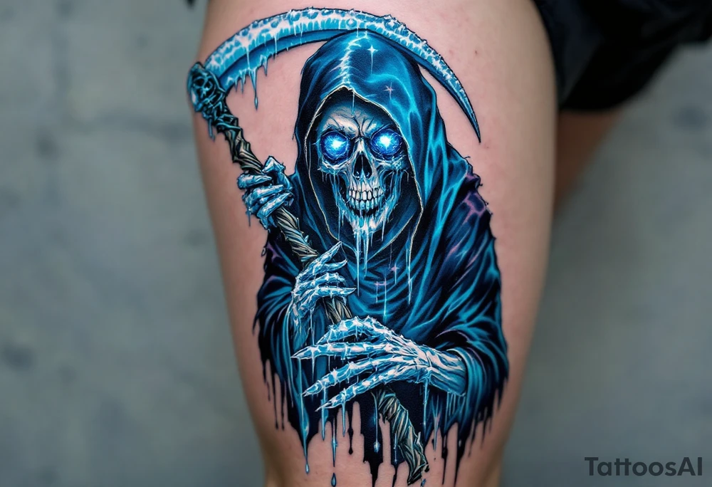 A blue-hued Grim Reaper with crystal eyes, gripping a frost-covered scythe. tattoo idea