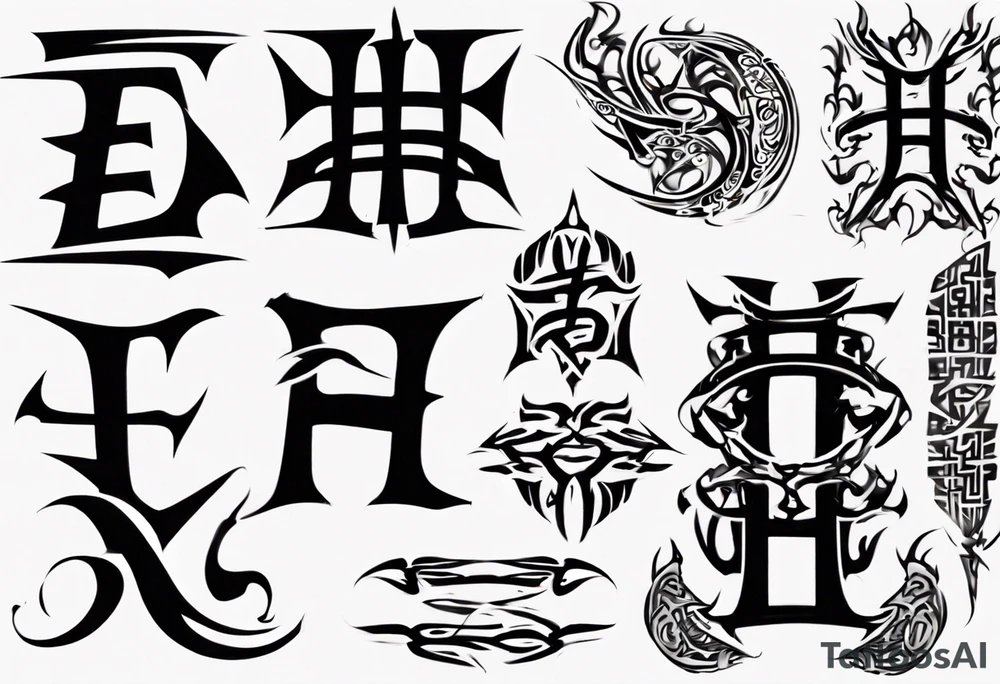 combine the letters E and H with tribal pattern tattoo idea