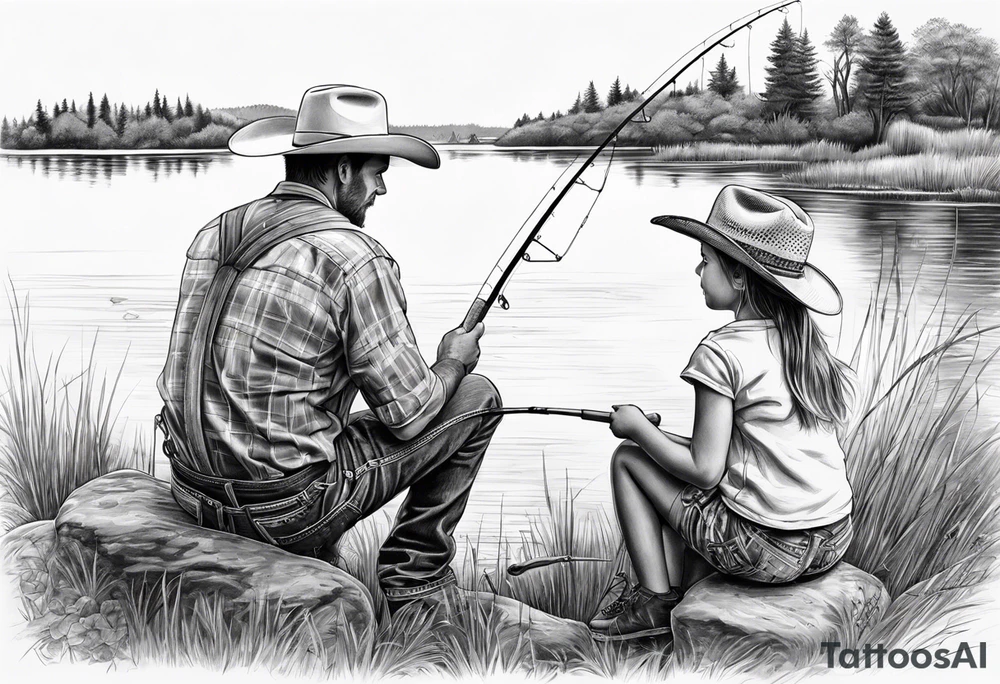 Father son and daughter fishing on the bank. The kids are young and wearing cowboy hats. tattoo idea