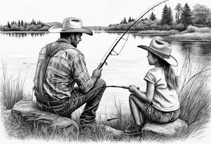 Father son and daughter fishing on the bank. The kids are young and wearing cowboy hats. tattoo idea