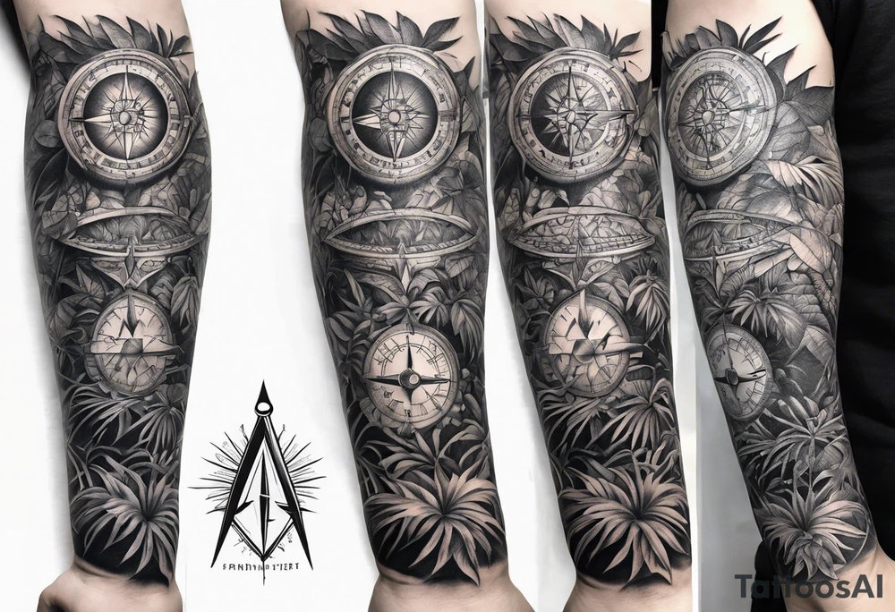 full arm sleeve, jungle plants, compass, all-seeing eye tattoo idea