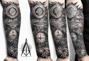 full arm sleeve, jungle plants, compass, all-seeing eye tattoo idea