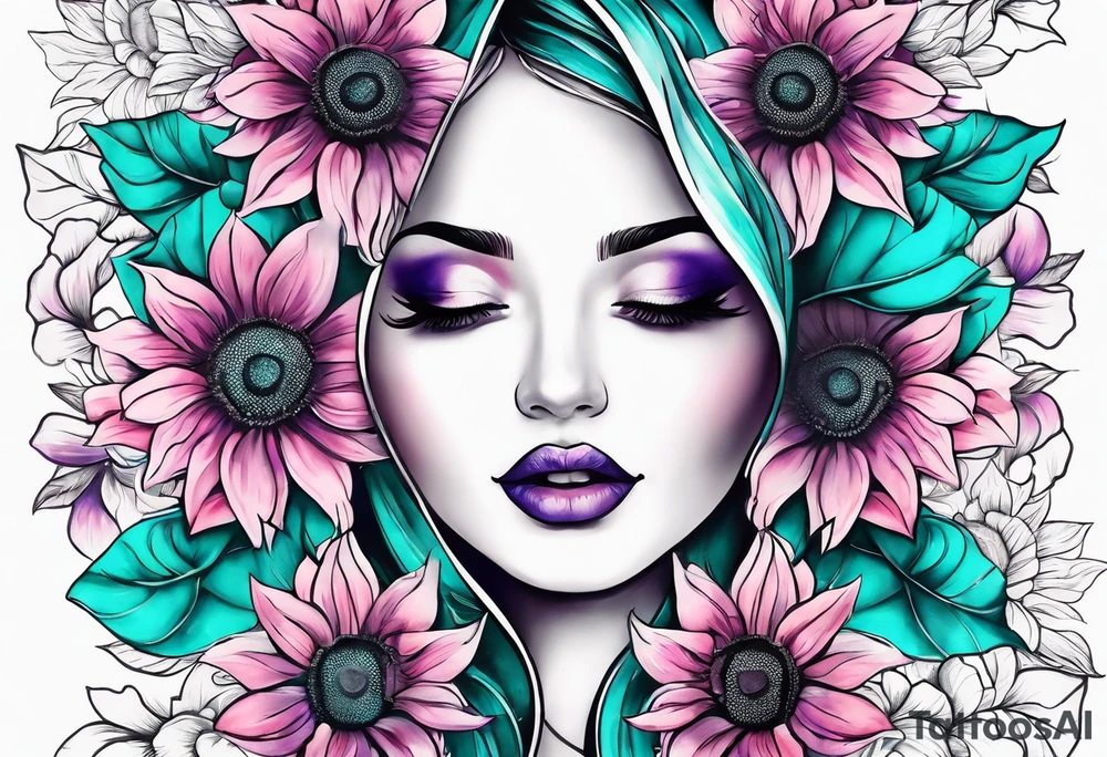 Teal, pink and purple sunflower sleeve tattoo idea