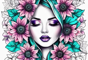 Teal, pink and purple sunflower sleeve tattoo idea