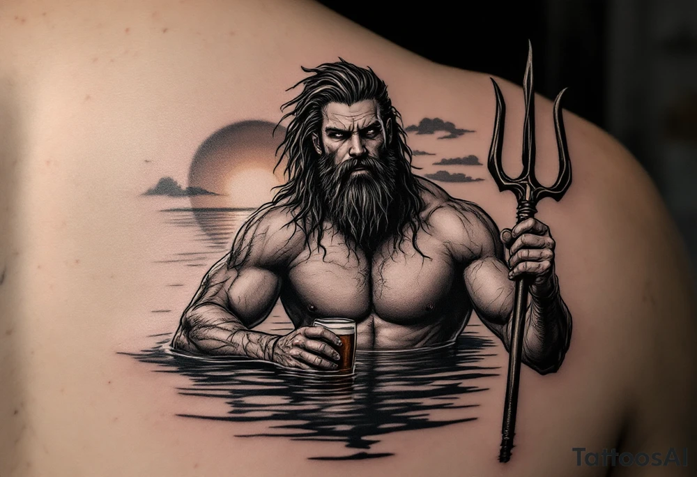 young, drunk, fit poseidon in calm water, holding a trident, drinking a beer, with sunset tattoo idea