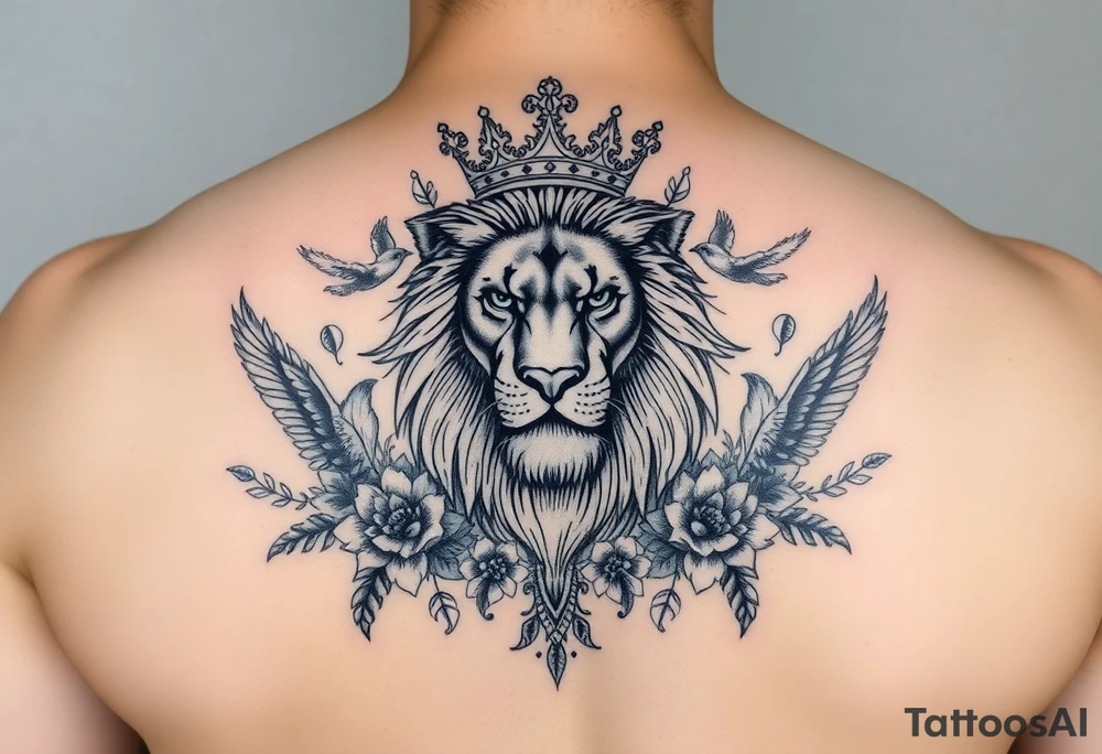 powerful majestic lion with a crown, surrounded by floral ornaments and birds tattoo idea