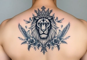 powerful majestic lion with a crown, surrounded by floral ornaments and birds tattoo idea