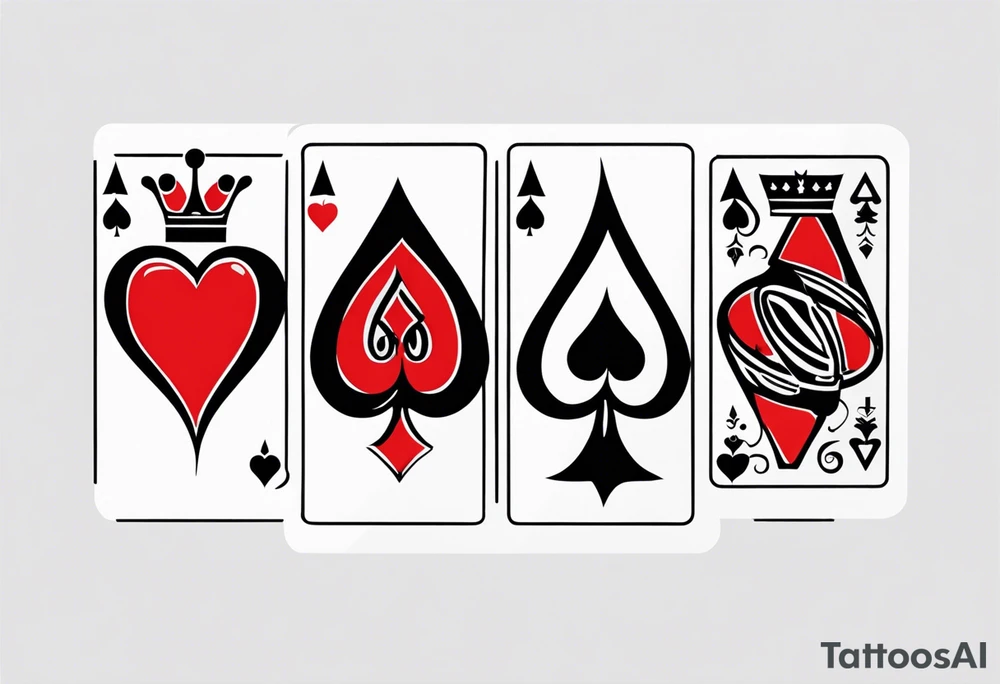 one combined tatto in minimalistic style with icon style three king of spades and icon style one queen of hearts. extreme minimalstic and few lines. much more minimlastic and fewer lines tattoo idea