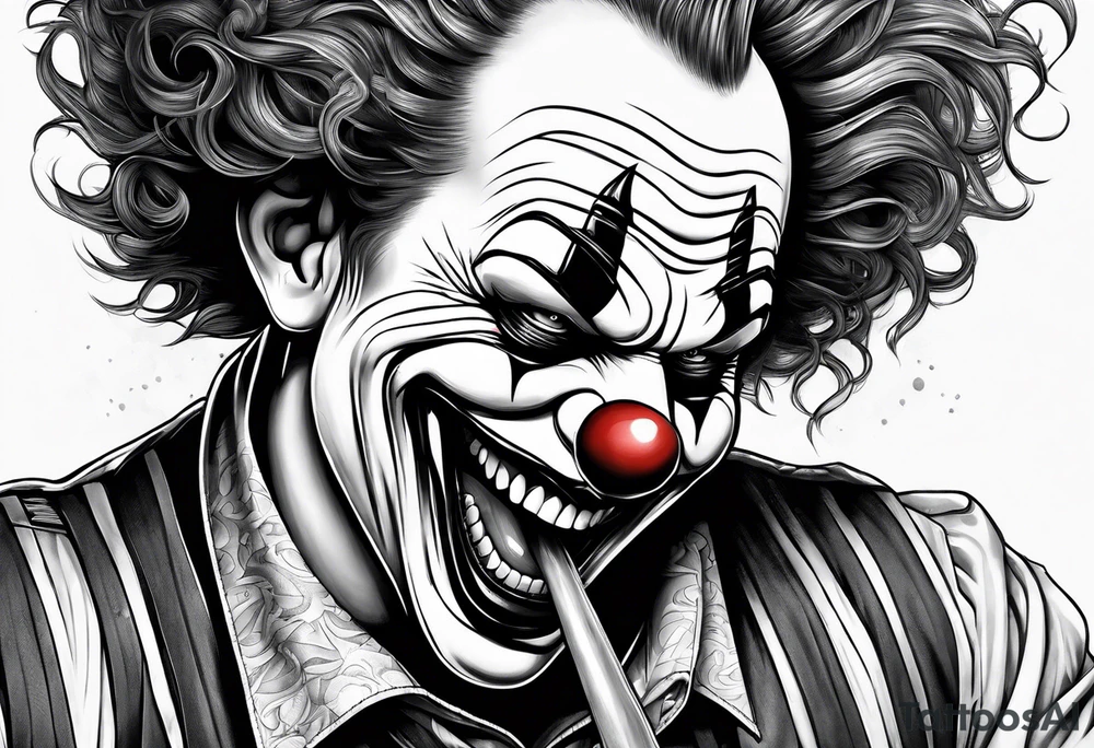 A clown biting holding a bullet in his teeth tattoo idea