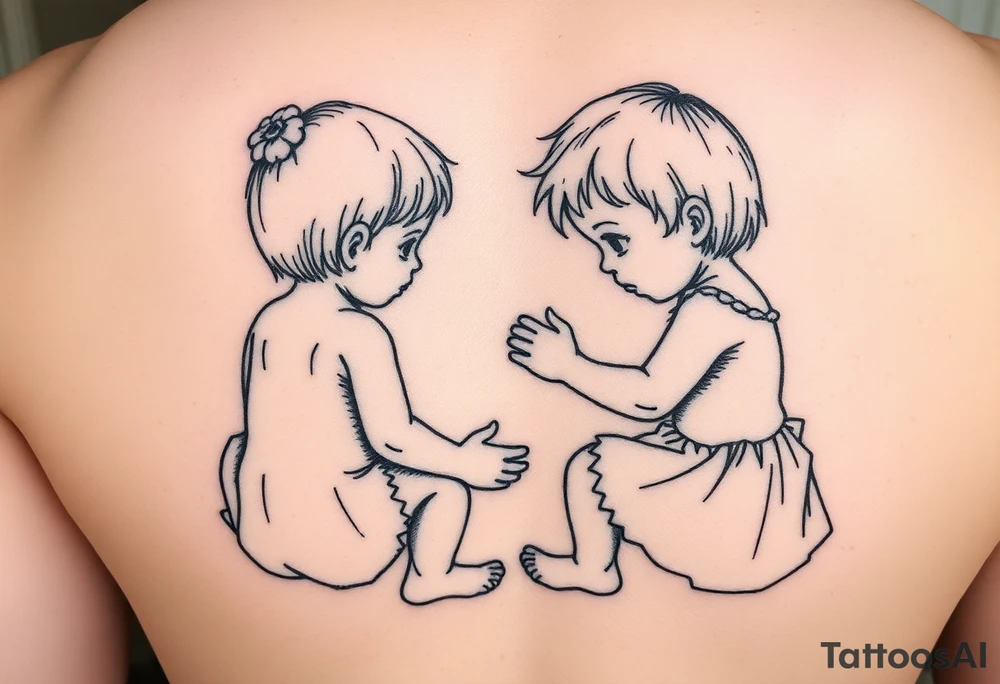 Zwei kleine mädchen sitzen sich gegenüber eine hat einen Dutt die andere einen Zopf und sie berühren sich an den Fußsohlen tattoo idea