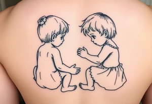 Zwei kleine mädchen sitzen sich gegenüber eine hat einen Dutt die andere einen Zopf und sie berühren sich an den Fußsohlen tattoo idea