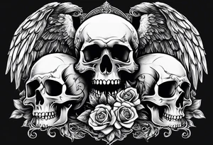 See no evil hear no evil speak no evil  skulls go down the back with angel wings wrapped around the skulls tattoo idea