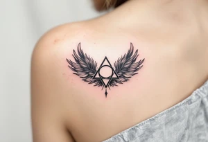 A black triquetra surrounded by angelic feathers, symbolizing divine protection and purity. tattoo idea