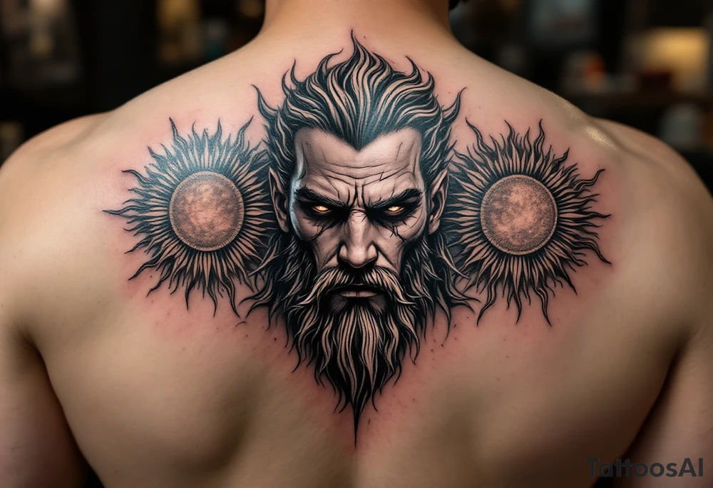 poseidon with 3 suns tattoo idea