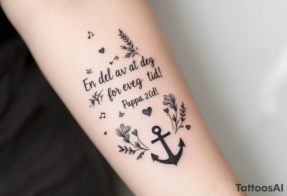 Quote in two rows; En del av deg for evig tid! Pappa, 20.12.24. Surround the quote with long gladioluses, music notes, hearts and an anchor tattoo idea