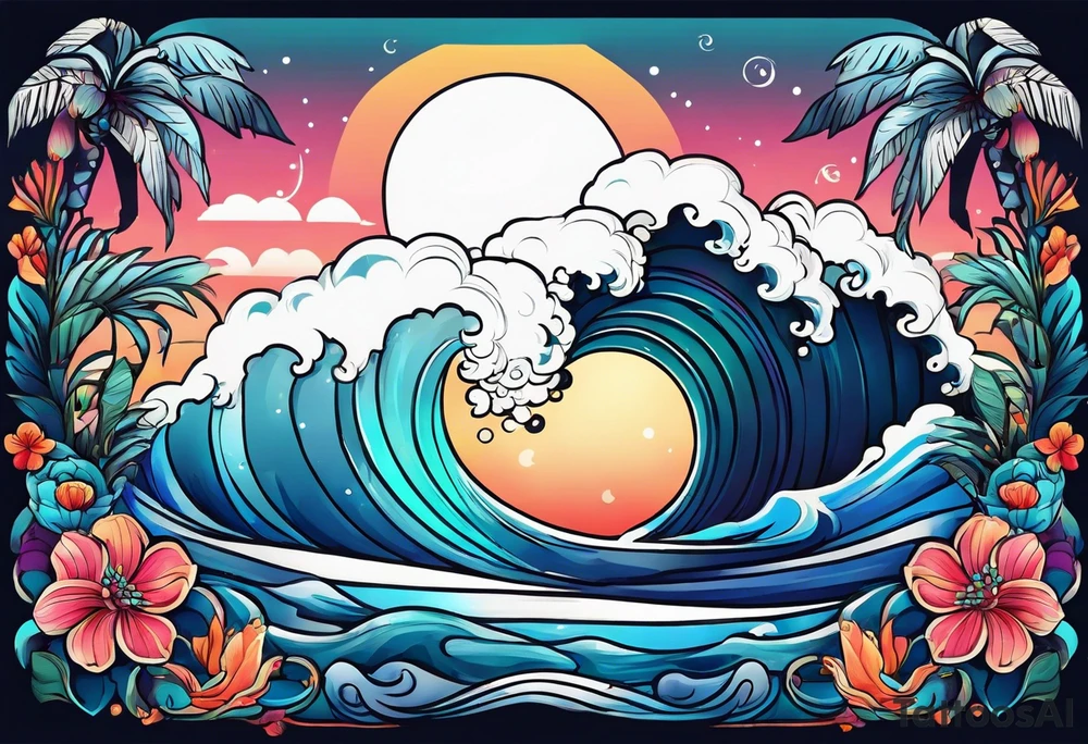 sea,, night, flower, palm, tattoo idea
